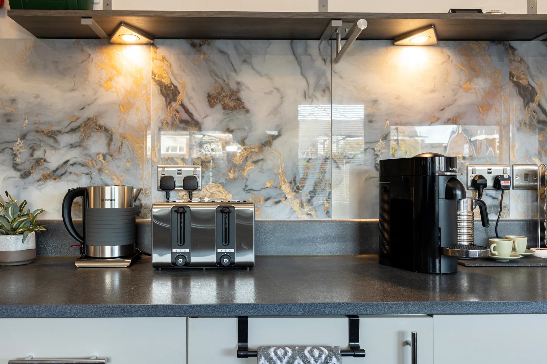 Kitchen worktop with coffee machine and toaster at Amberwood Drive, Wythenshawe